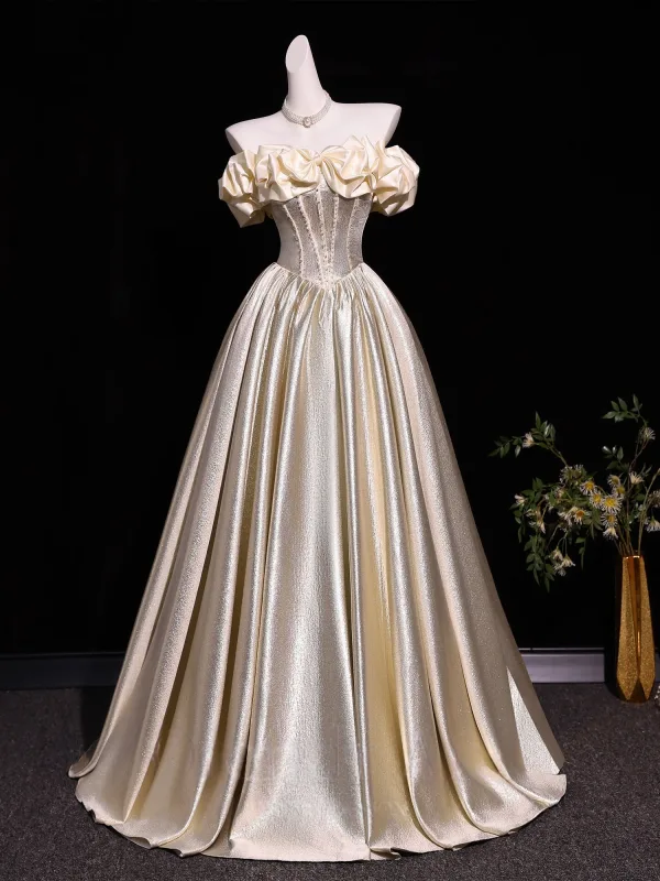 Elegant Prom Dresses Champagne 2026 Ball Gown Ruffle Off-The-Shoulder Short Sleeve Backless Floor-Length / Long Formal Dresses