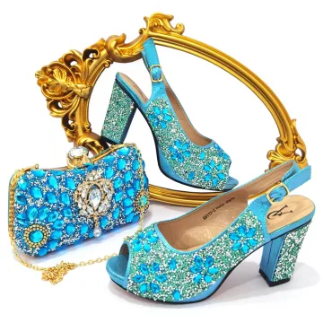 Sparkly Pool Blue Rhinestone Evening Party Clutch Bags Womens Sandals 2023 9 Cm Thick Heels Open Peep Toe Sandals High Heels Clutch Bags