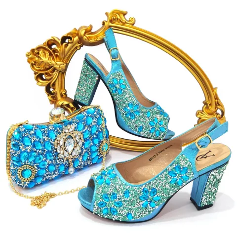 Glitzernden Blau Strass Abend Clutch Tasche Sandalen Damen 2023 9 cm Thick Heels Peeptoes Sandaletten Hochhackige Clutch Tasche