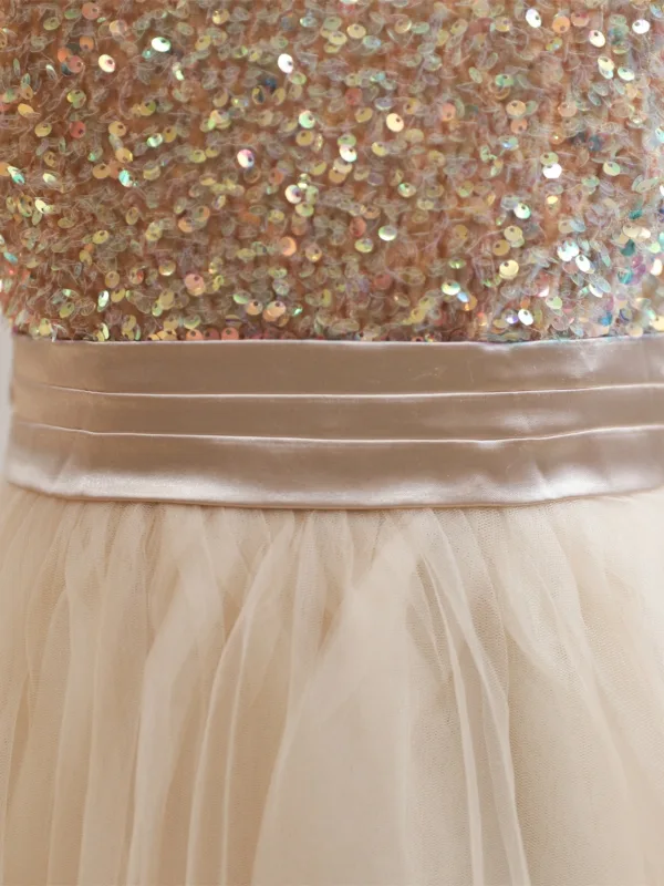 Sparkly Gold Sequins Birthday Flower Girl Dresses 2024 A-Line / Princess Scoop Neck Cap Sleeves Bow Sash Floor-Length / Long Tulle