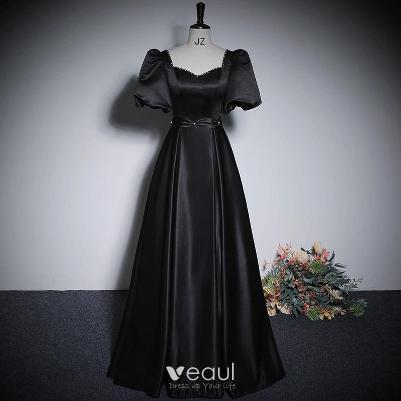 open lace back dress Princess Off the Shoulder Black Satin Long Simple Prom Dresses APD2996 –  SheerGirl main image 0