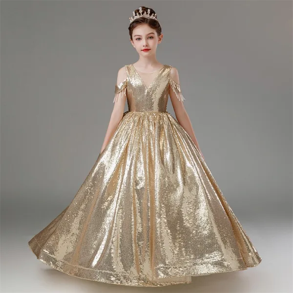 Glitzernden Gold Pailletten Geburtstag Lange Blumenmädchenkleider 2024 Ballkleid Rundhalsausschnitt Kurze Ärmel Rückenfreies