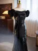 Sparkly Black Sequins Evening Dresses 2024 Trumpet / Mermaid Off-The-Shoulder Puffy Short Sleeve Backless Floor-Length / Long Evening Party Formal Dresses