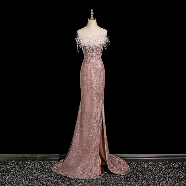 Sexy Rougissant Rose Perlage Faux Diamant Paillettes Gland Robe De Soirée 2025 Trompette / Sirène Bustier Sans Manches Dos Nu Noeud Tribunal Train Soirée