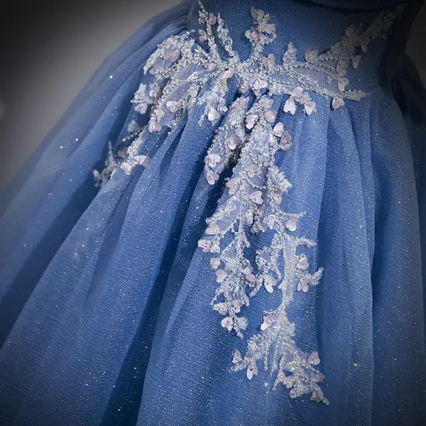 Elegant Ocean Blue Appliques Sequins Prom Dresses 2022 A-Line / Princess V-Neck Short Sleeve Backless Floor-Length / Long Prom Formal Dresses