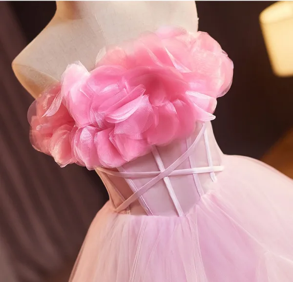 Fashion Candy Pink Cascading Ruffles Appliques Prom Dresses 2024 Ball Gown Strapless Sleeveless Backless Court Train Prom Formal Dresses