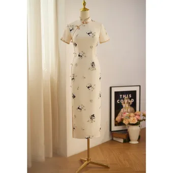 Chinese Stijl Abrikoos Beige Panda Dierenprint Cheongsam 2024 Trompet Zeemeermin Hoge Kraag Korte Mouwen Tea Length