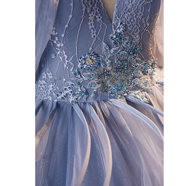 Fashion Sky Blue Pearl Sequins Lace Flower Cascading Ruffles Prom Dresses 2023 Ball Gown Strapless Sleeveless Backless Court Train Prom Formal Dresses