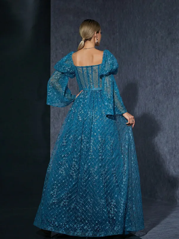 Vintage / Retro Pool Blue Lace Flower Prom Dresses 2025 Bell sleeves A-Line / Princess Square Neckline Backless Floor-Length / Long Prom Formal Dresses