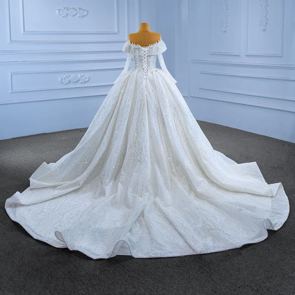 Luxury / Gorgeous White Beading Sequins Wedding Dresses 2022 Ball Gown Off-The-Shoulder Long Sleeve Backless Royal Train Wedding