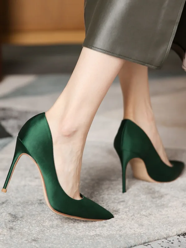 Modest / Simple Green Office OL Satin Pumps 2024 10 cm Stiletto Heels Pointed Toe Pumps High Heels