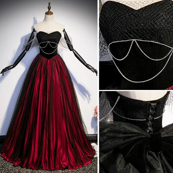 Ethnisch Burgunderrot Ballkleider 2023 Ballkleid Bandeau Ärmellos Rückenfreies Schleife Lange Ball Festliche Kleider