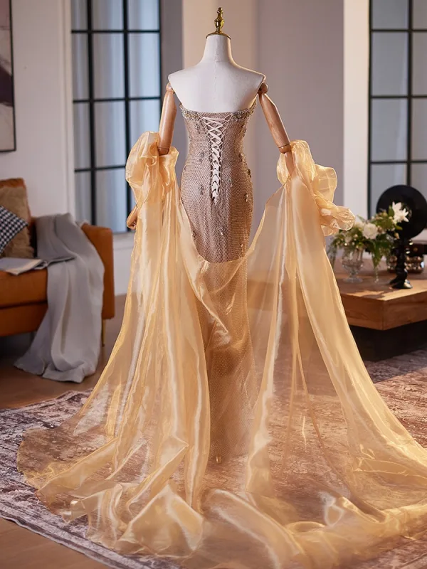 Sexy Champagne Rhinestone Evening Dresses 2025 Trumpet / Mermaid Strapless Sleeveless Backless Floor-Length / Long Evening Party Formal Dresses