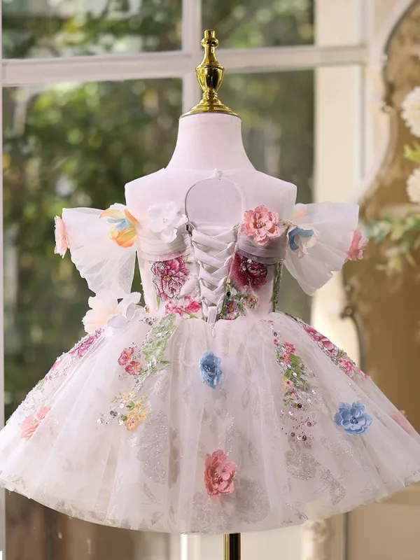 Flower Fairy Multi-Colors Appliques Sequins White Birthday Short Flower Girl Dresses 2026 Ball Gown Scoop Neck Short Sleeve Backless