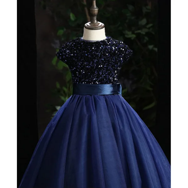 Vintage / Retro Chic / Beautiful Navy Blue Sequins Prom Flower Girl Dresses 2022 Ball Gown Scoop Neck Bow Sash Sleeveless Floor-Length / Long Flower Girl Dresses