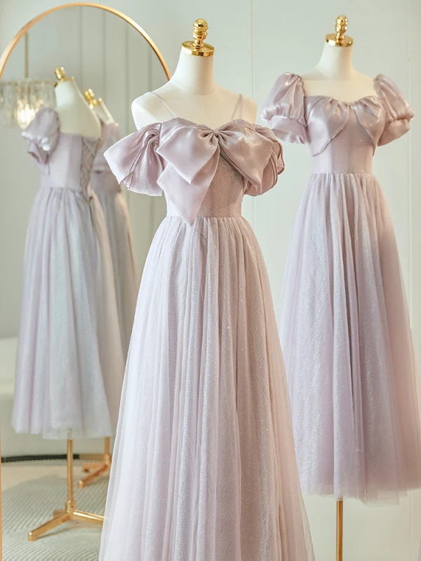 Simple Lavande Robe Demoiselle D'honneur 2023 Princesse Encolure Carrée Noeud Gonflée Manches Courtes Dos Nu Longue Robe Demoiselle D'honneur