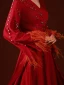 Chinese style Red Pearl Rhinestone Satin Evening Dresses 2022 A-Line / Princess V-Neck Long Sleeve Tassel Backless Evening Party Court Train Formal Dresses