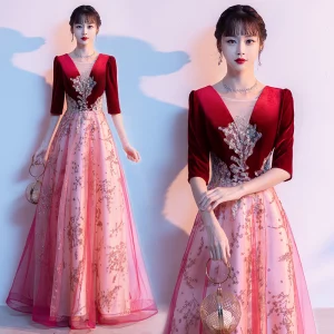 Chic Belle Bordeaux Perlage Paillettes Robe De Bal 2024 Princesse Encolure Dégagée 1 2 Manches Dos Nu Longue Promo Robe De Ceremonie