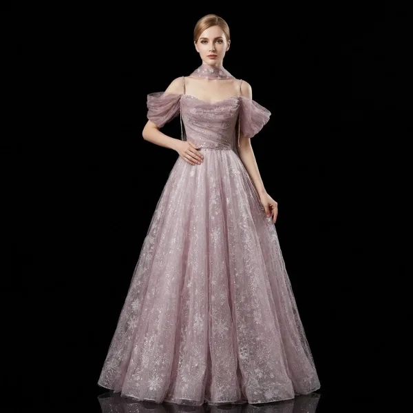 Charming Blushing Pink Beading Rhinestone Sequins Prom Dresses 2026 A-Line / Princess Off-The-Shoulder Short Sleeve Backless Floor-Length / Long Formal Dresses