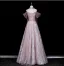 Charming Blushing Pink Beading Rhinestone Sequins Prom Dresses 2026 A-Line / Princess Off-The-Shoulder Short Sleeve Backless Floor-Length / Long Formal Dresses