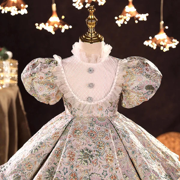 Vintage / Retro Multi-Colors Embroidered Short Flower Girl Dresses 2022 Ball Gown Ruffle High Neck Rhinestone Puffy Short Sleeve Prom Flower Girl Dresses