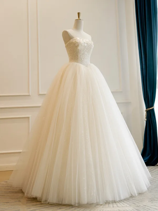 Elegante High End Champagner Handgefertigt Perlenstickerei Perle Pailletten Brautkleider / Hochzeitskleider 2026 Ballkleid Bandeau Ärmellos Rückenfreies Lange