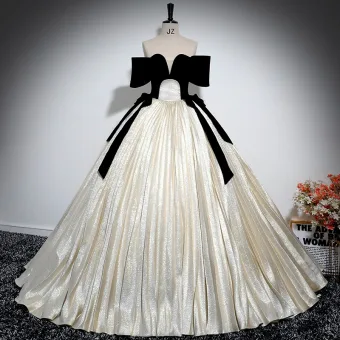 Élégant Champagne Glitter Satin Noeud Robe De Bal 2024 Robe Boule De L Épaule Manches Courtes Dos Nu Longue Promo Robe De Ceremonie