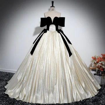 Élégant Champagne Glitter Satin Noeud Robe De Bal 2024 Robe Boule De L Épaule Manches Courtes Dos Nu Longue Promo Robe De Ceremonie