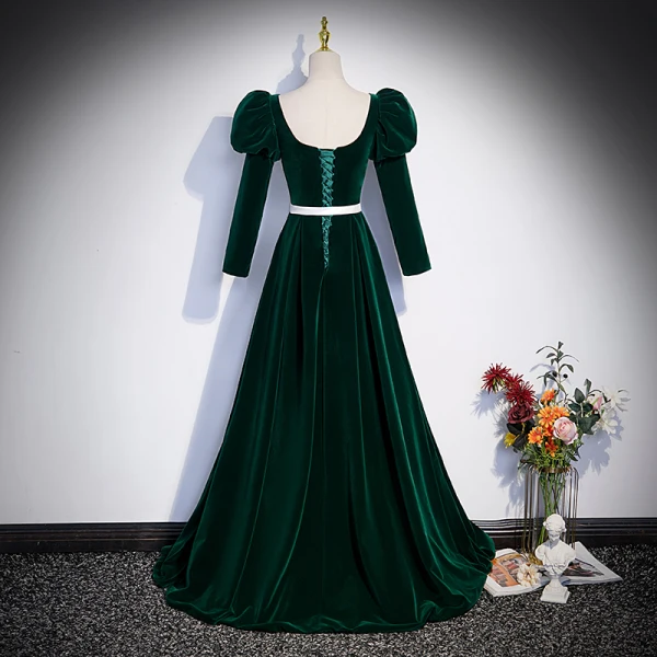 Elegant Suede Dark Green Prom Dresses 2023 A-Line / Princess Square Neckline 3/4 Sleeve Backless Bow Sash Floor-Length / Long Prom Formal Dresses