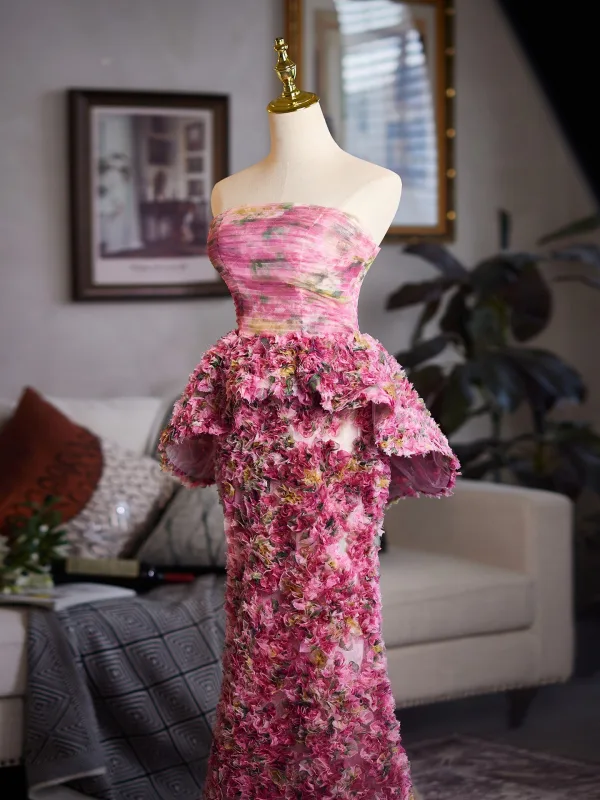 Flower Fairy Fuchsia Ruffle Appliques Prom Dresses 2025 Trumpet / Mermaid Strapless Sleeveless Backless Floor-Length / Long Formal Dresses