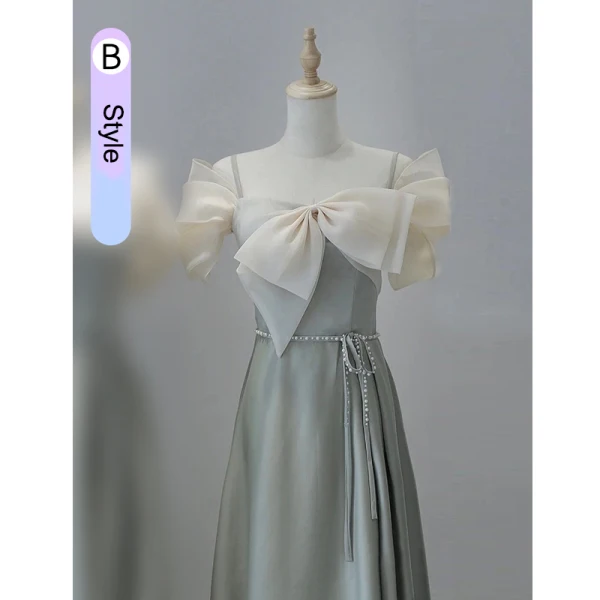 Modest / Simple Grey Bow Bridesmaid Dresses 2023 A-Line / Princess Off-The-Shoulder Short Sleeve Backless Pearl Sash Floor-Length / Long Prom Bridesmaid Dresses