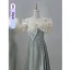 Modest / Simple Grey Bow Bridesmaid Dresses 2023 A-Line / Princess Off-The-Shoulder Short Sleeve Backless Pearl Sash Floor-Length / Long Prom Bridesmaid Dresses