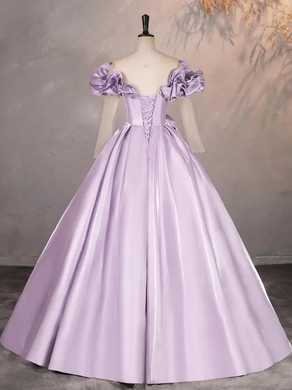 Elegant Lavender Prom Dresses 2025 Ball Gown Ruffle Scoop Neck 1/2 Sleeves Backless Floor-Length / Long Formal Dresses