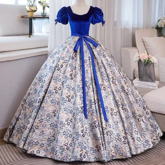 Élégant Bleu Roi Floral Robe De Bal 2023 Robe Boule Encolure Carrée Gonflée Manches Courtes Noeud Ceinture Dos Nu Longue Promo Robe De Ceremonie