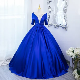 Vintage Originale Bleu Roi Perlage Faux Diamant Paillettes Robe De Bal 2024 Organza Robe Boule Encolure Dégagée Manches Courtes Longue Promo Robe De Ceremonie
