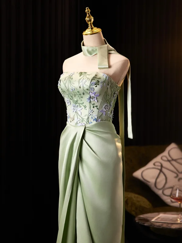 Elegant Sage Green Lace Flower Asymmetrical Satin Prom Dresses 2025 Trumpet / Mermaid Strapless Sleeveless Backless Formal Dresses