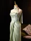 Elegant Sage Green Lace Flower Asymmetrical Satin Prom Dresses 2025 Trumpet / Mermaid Strapless Sleeveless Backless Formal Dresses