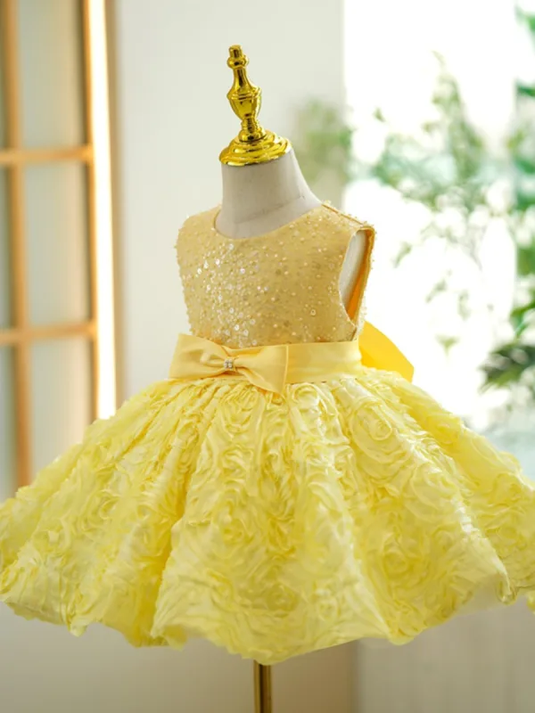 Lovely Yellow Beading Pearl Sequins Short Birthday Flower Girl Dresses 2023 Scoop Neck Ball Gown Sleeveless Backless Bow