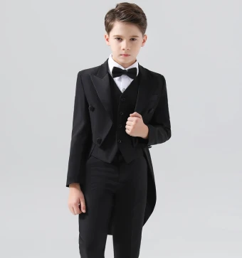 Black 5 Piece Long Sleeve Boys Wedding Suits 2024 Coat Pants Shirt Tie Vest