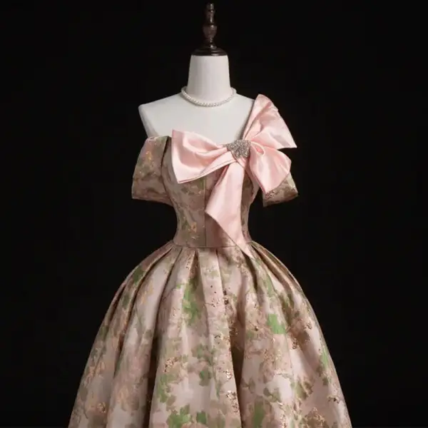 Medieval Blushing Pink Printing Prom Dresses 2022 Satin Ball Gown One-Shoulder Bow Rhinestone Short Sleeve Backless Floor-Length / Long Formal Dresses