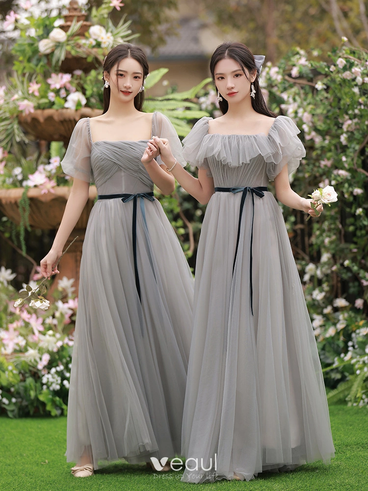 Modest Simple Grey Bridesmaid Dresses 2022 A Line Princess Bow Sash Short Sleeve Backless Floor Length