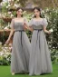 Modest / Simple Grey Bridesmaid Dresses 2022 A-Line / Princess Short Sleeve Backless Sash Bow Floor-Length / Long Bridesmaid Dresses