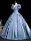 Elegant Sky Blue Beading Sequins Ruffle Prom Dresses 2026 Ball Gown Scoop Neck Short Sleeve Backless Floor-Length / Long Formal Dresses
