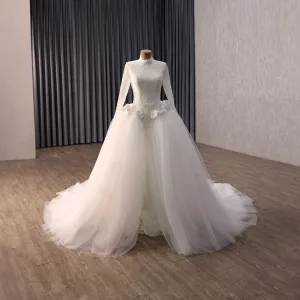 High End Elegant White Handmade Beading Pearl Sequins Appliques Lace Flower Wedding Dresses 2026 Trumpet Mermaid High Neck Long Sleeve