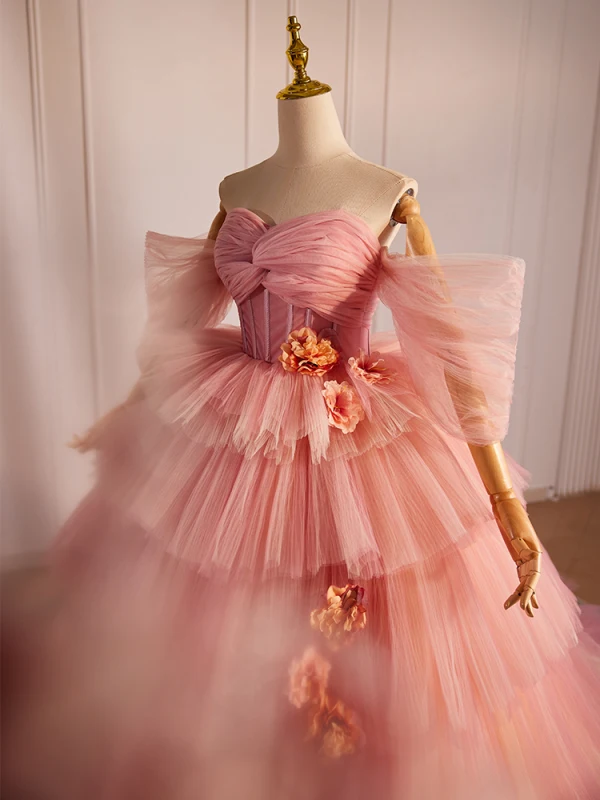 Fashion Blushing Pink Appliques Cascading Ruffles Prom Dresses 2024 Ball Gown Off-The-Shoulder Short Sleeve Backless Sweep Train Prom Formal Dresses