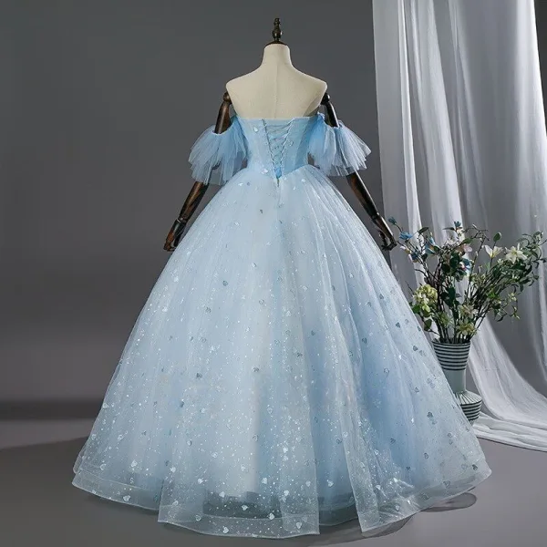 Schillernd Himmelblau Spitze Blumen Applikationen Pailletten Ballkleider 2026 Ballkleid Bandeau Ärmellos Rückenfreies
