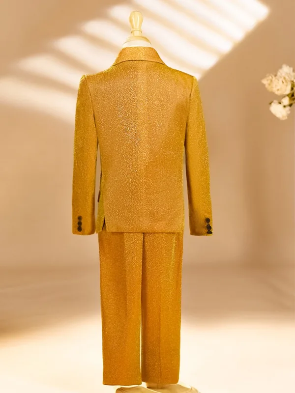 Glitter Yellow Fall Winter 6-piece Long Sleeve Boys Wedding Suits 2025 Body Jewellery Coat Necklace Pants Shirt Tie Vest