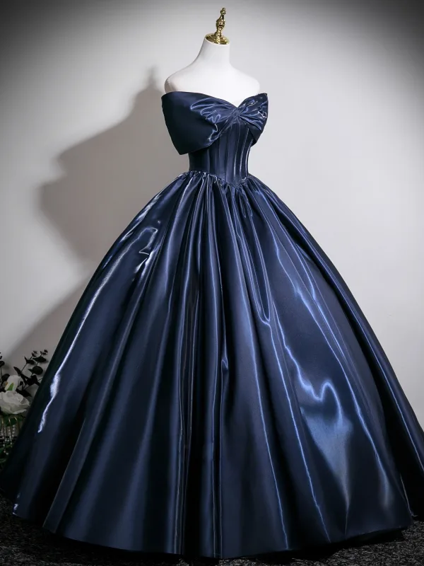 Vintage Marino Oscuro Satén Vestidos de gala 2025 Ball Gown Bowknot Sin Tirantes Sin Mangas Sin Espalda Largos Vestidos Formales