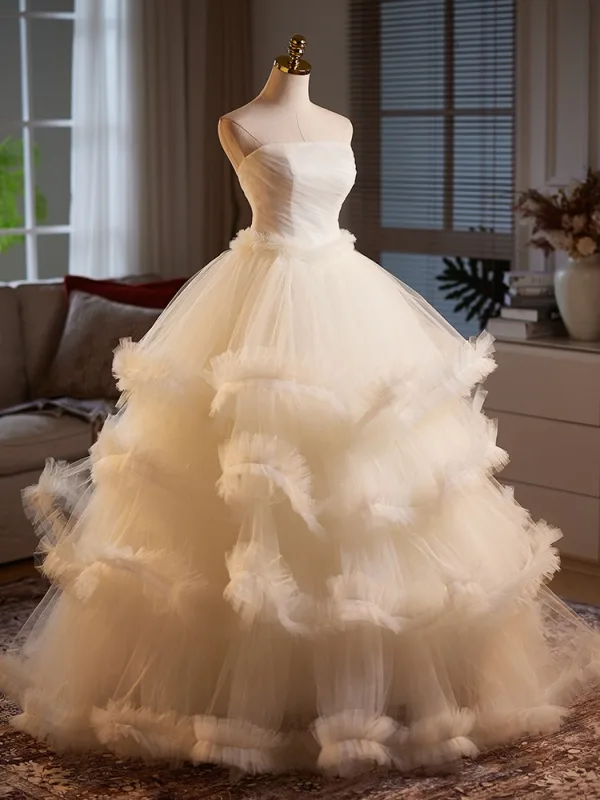 Chic / Belle Champagne Volants en Cascade Robe De Bal 2025 Robe Boule Bustier Sans Manches Dos Nu Longue Robe De Ceremonie