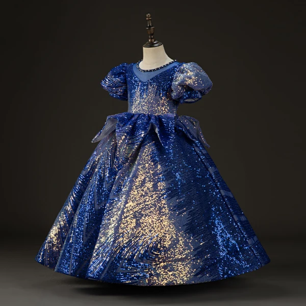 Sparkly Royal Blue Beading Pearl Sequins Rhinestone Birthday Flower Girl Dresses 2023 Ball Gown Scoop Neck Puffy Short Sleeve Floor-Length / Long